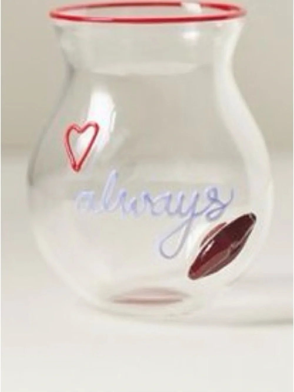 Anthropologie Clear Glass Vase with Red Trim and Heart Accent